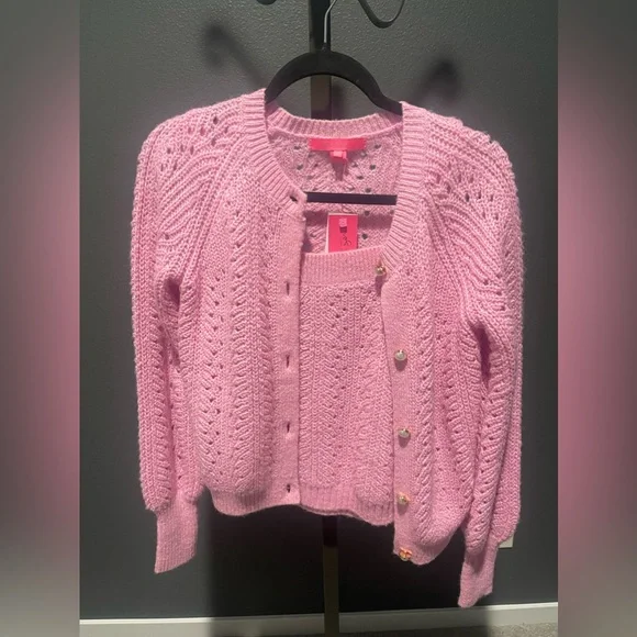 Lilly Pulitzer Pink Cable Knit Button Cardigan with Camisole - Picture 2 of 8